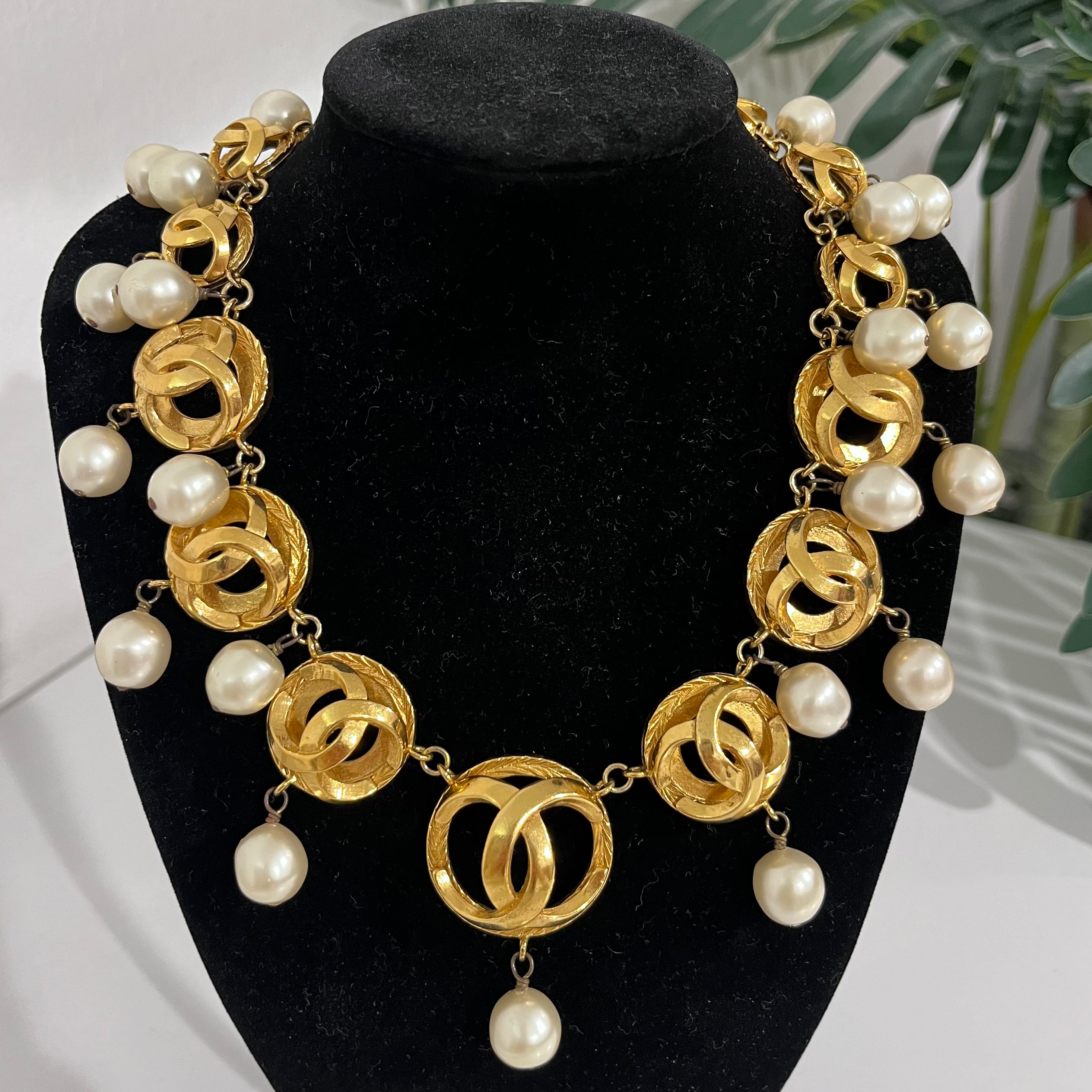 Chanel Vintage Gold Plated Dome CC Link Collar Necklace with Pearl Drops