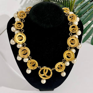 Chanel Vintage Gold Plated Dome CC Link Collar Necklace with Pearl Drops