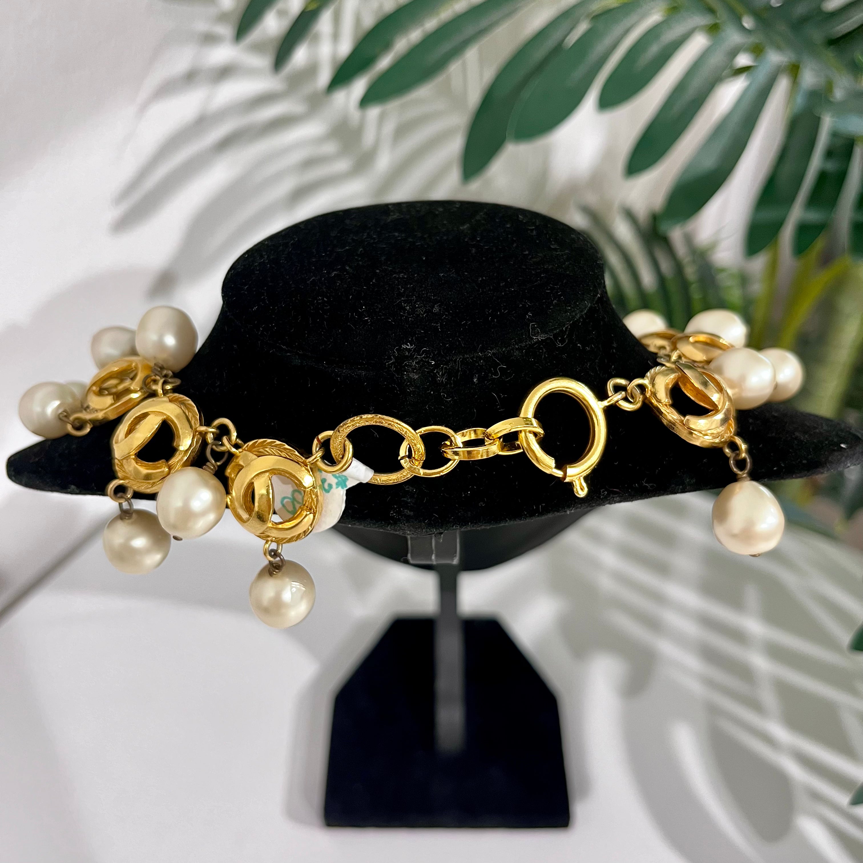 Chanel Vintage Gold Plated Dome CC Link Collar Necklace with Pearl Drops
