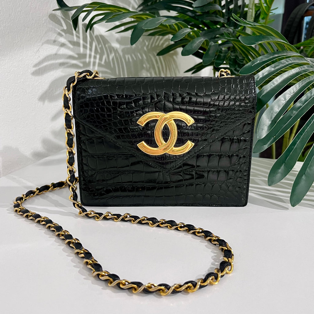 Chanel Vintage Black Crocodile & Gold CC Logo Envelope Flap Bag