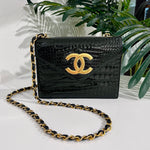 Chanel Vintage Black Crocodile & Gold CC Logo Envelope Flap Bag