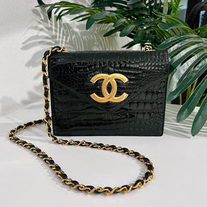 Chanel Vintage Black Crocodile & Gold CC Logo Envelope Flap Bag