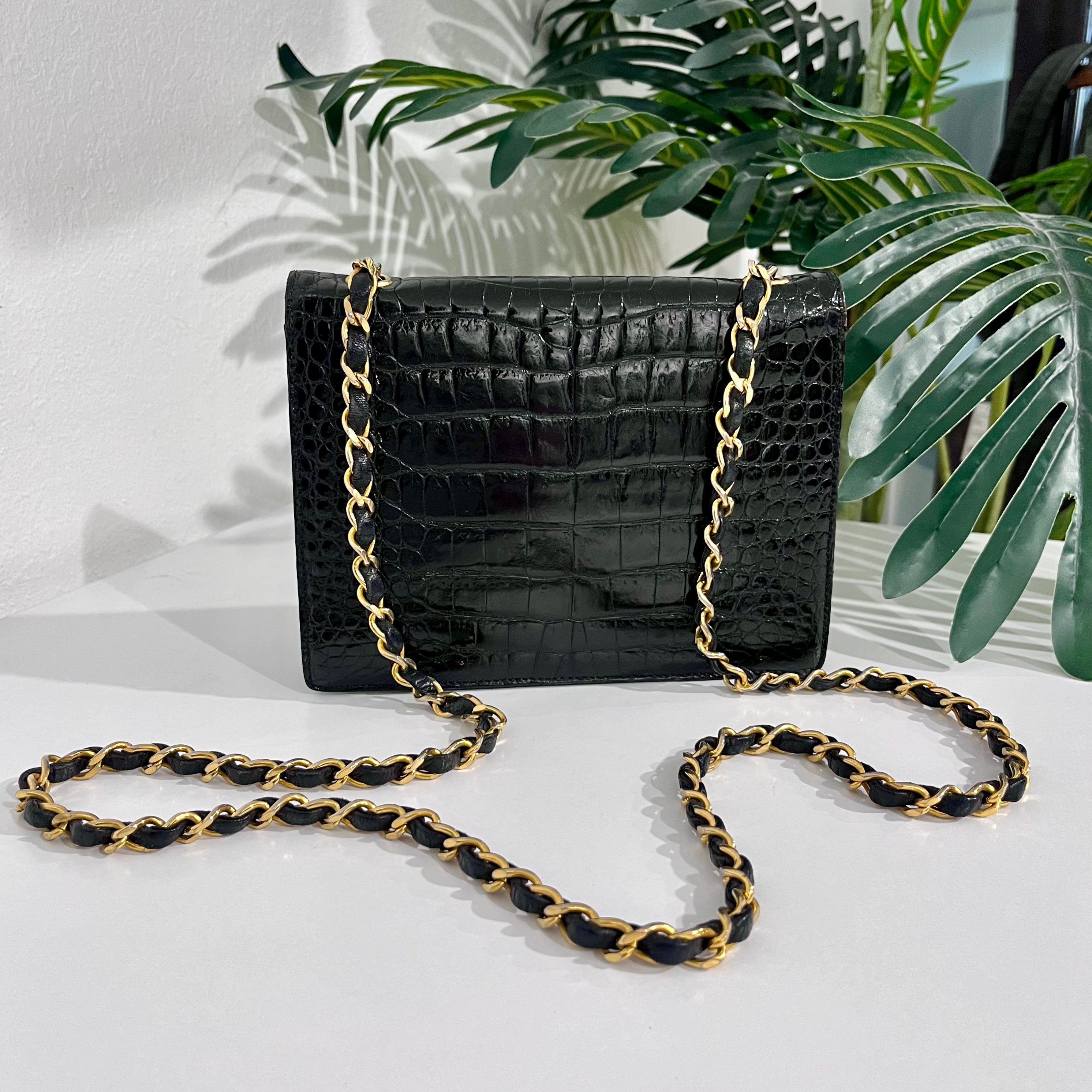 Chanel Vintage Black Crocodile & Gold CC Logo Envelope Flap Bag