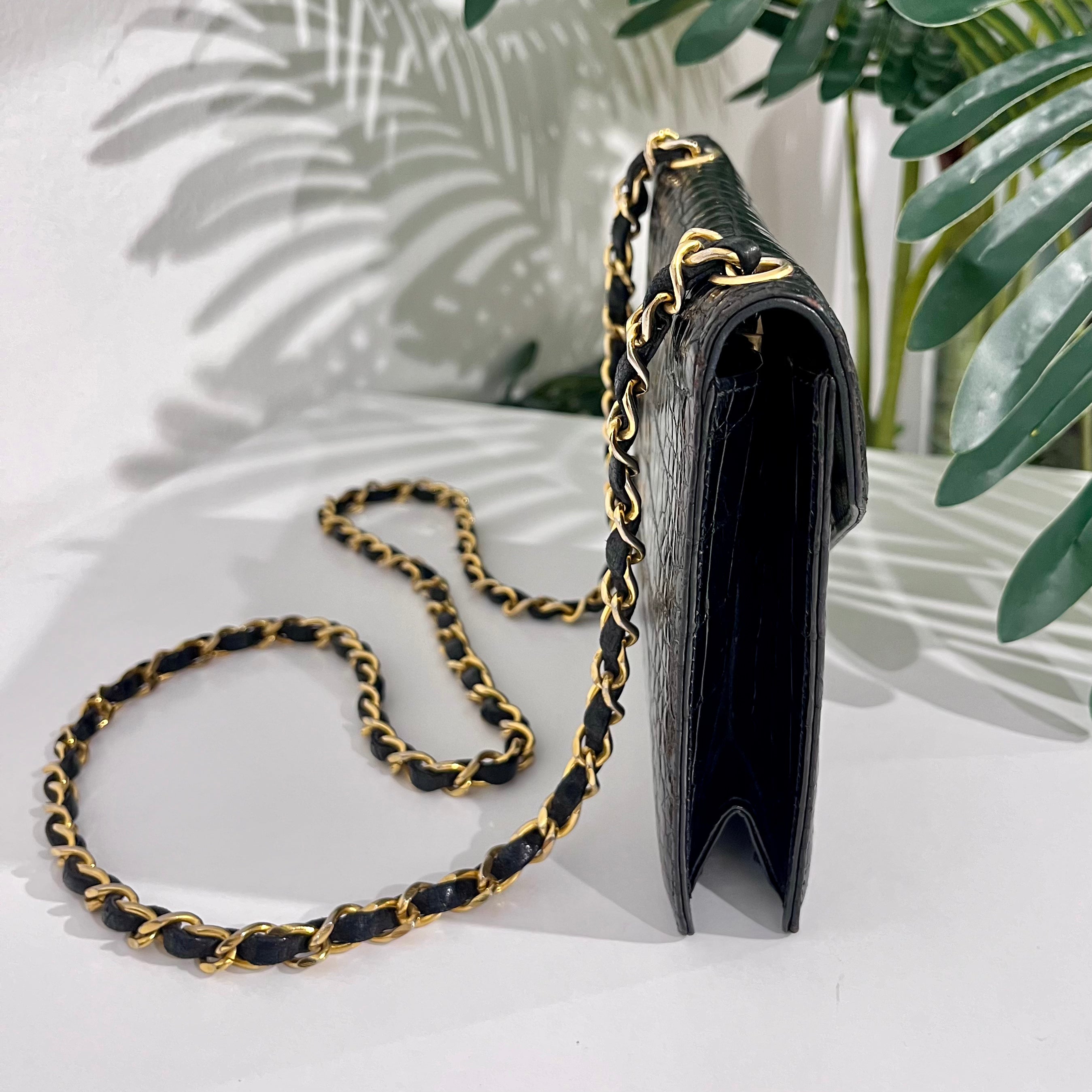 Chanel Vintage Black Crocodile & Gold CC Logo Envelope Flap Bag