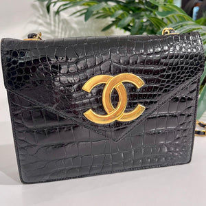 Chanel Vintage Black Crocodile & Gold CC Logo Envelope Flap Bag
