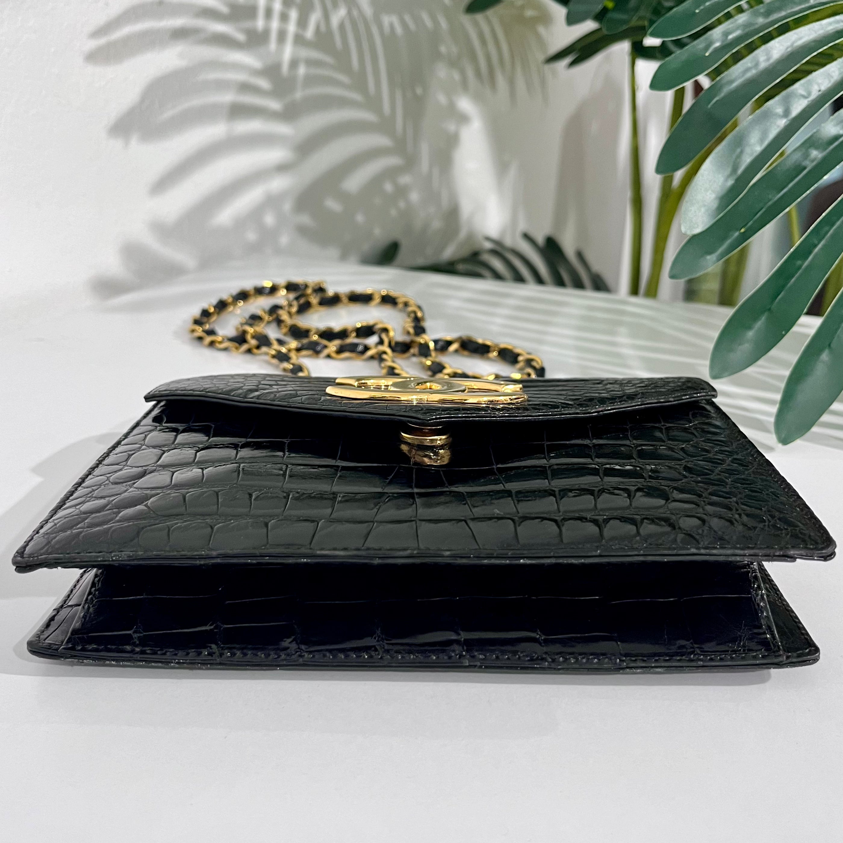 Chanel Vintage Black Crocodile & Gold CC Logo Envelope Flap Bag