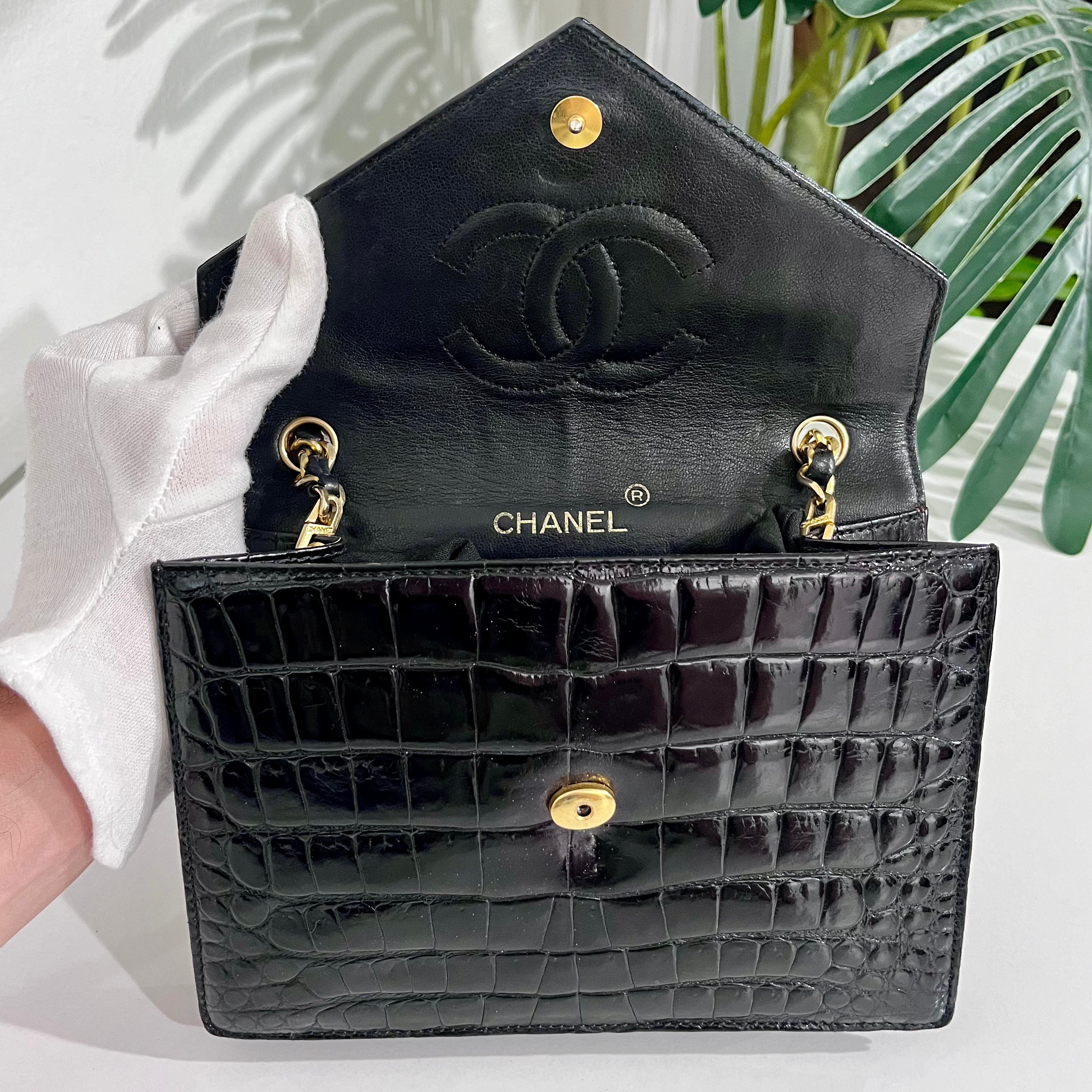 Chanel Vintage Black Crocodile & Gold CC Logo Envelope Flap Bag