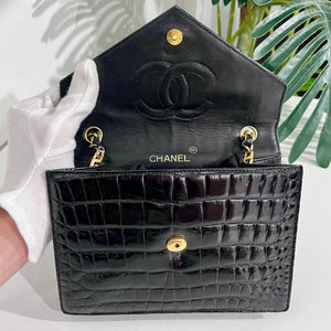 Chanel Vintage Black Crocodile & Gold CC Logo Envelope Flap Bag