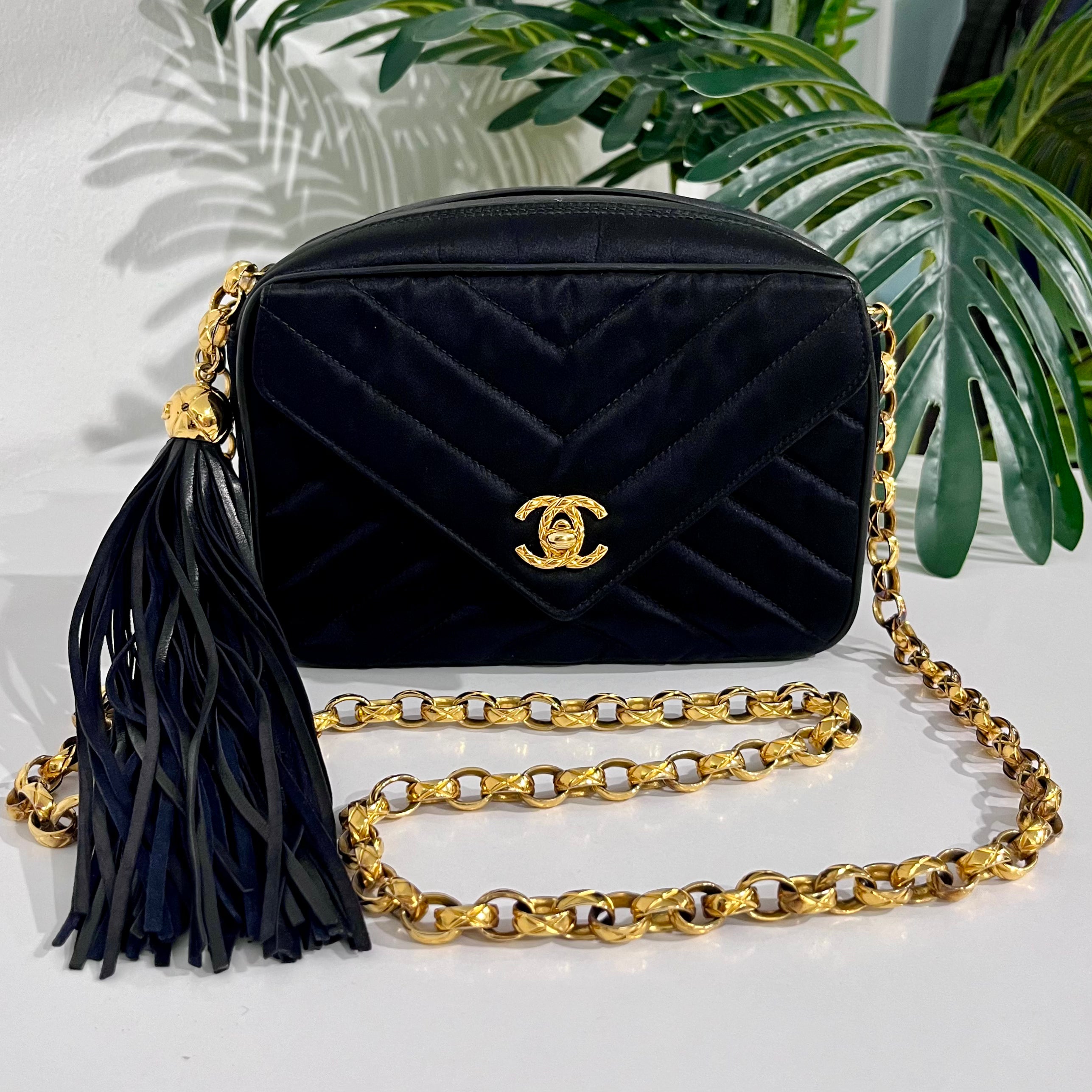Chanel Vintage Black Satin Chevron Quilted Camera Bag with Box