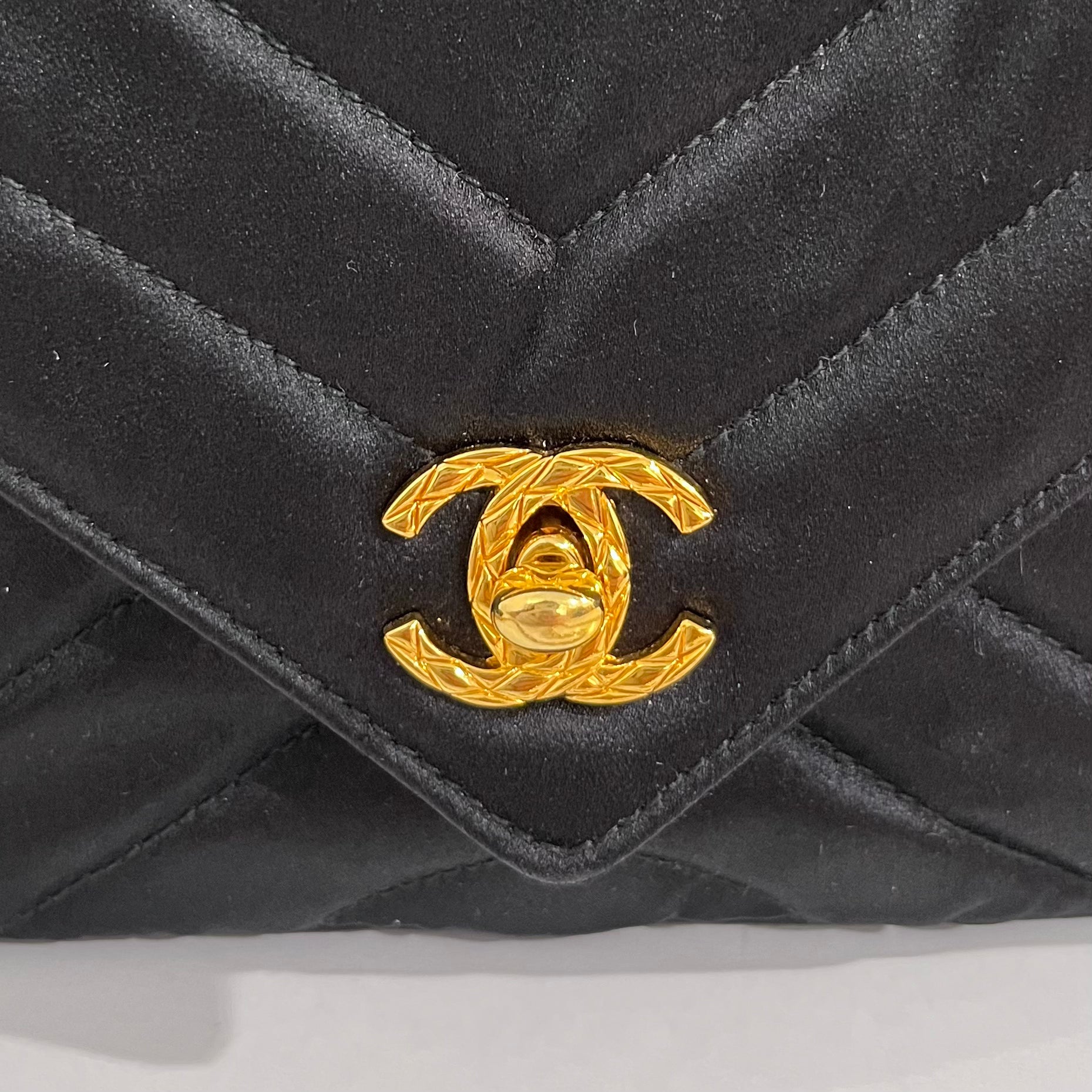 Chanel Vintage Black Satin Chevron Quilted Camera Bag with Box