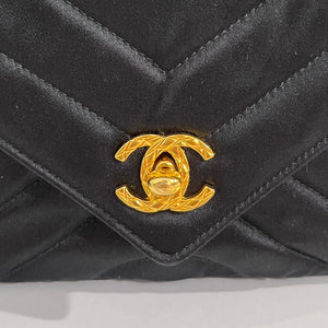 Chanel Vintage Black Satin Chevron Quilted Camera Bag with Box