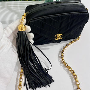 Chanel Vintage Black Satin Chevron Quilted Camera Bag with Box