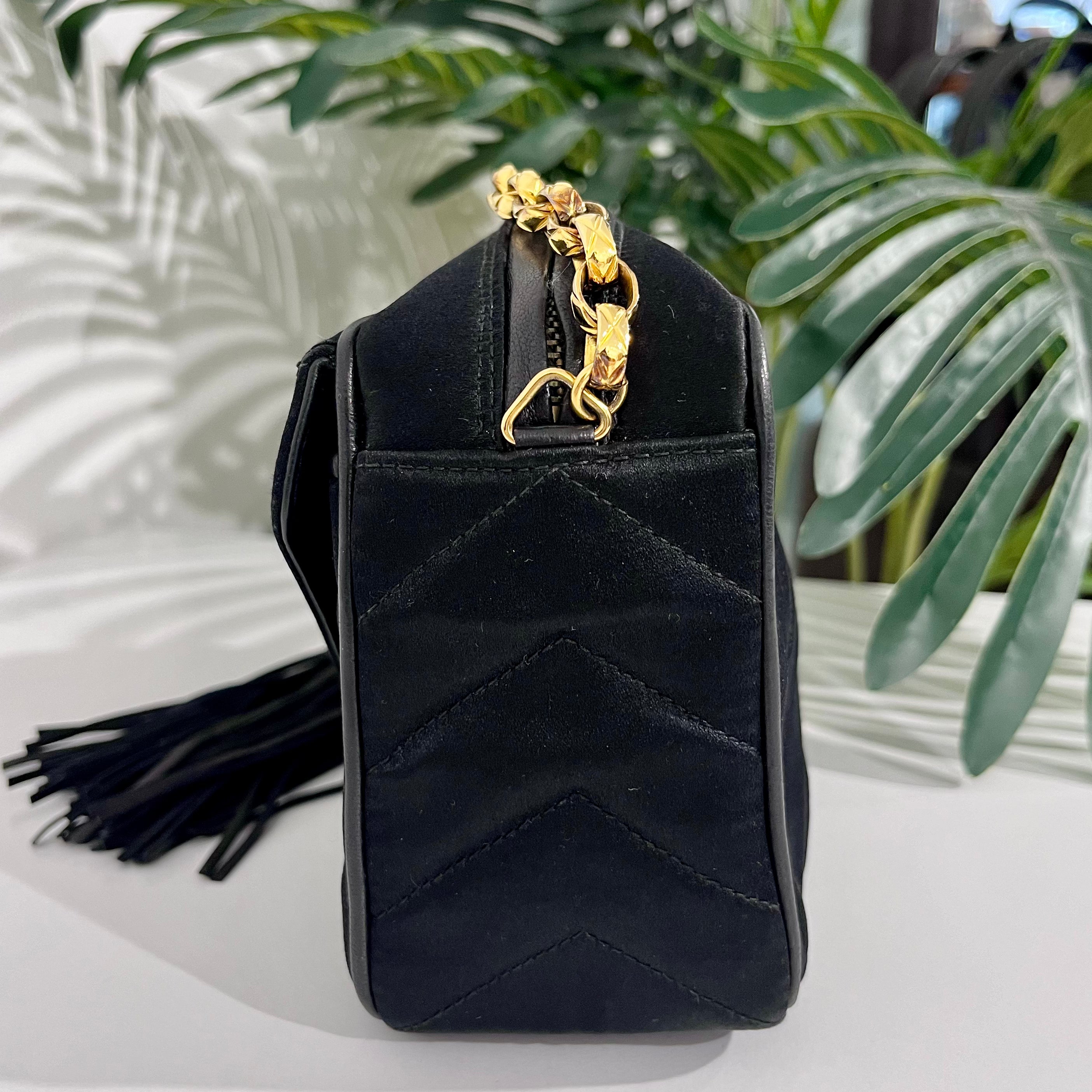 Chanel Vintage Black Satin Chevron Quilted Camera Bag with Box