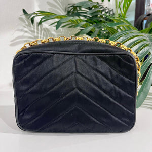 Chanel Vintage Black Satin Chevron Quilted Camera Bag with Box