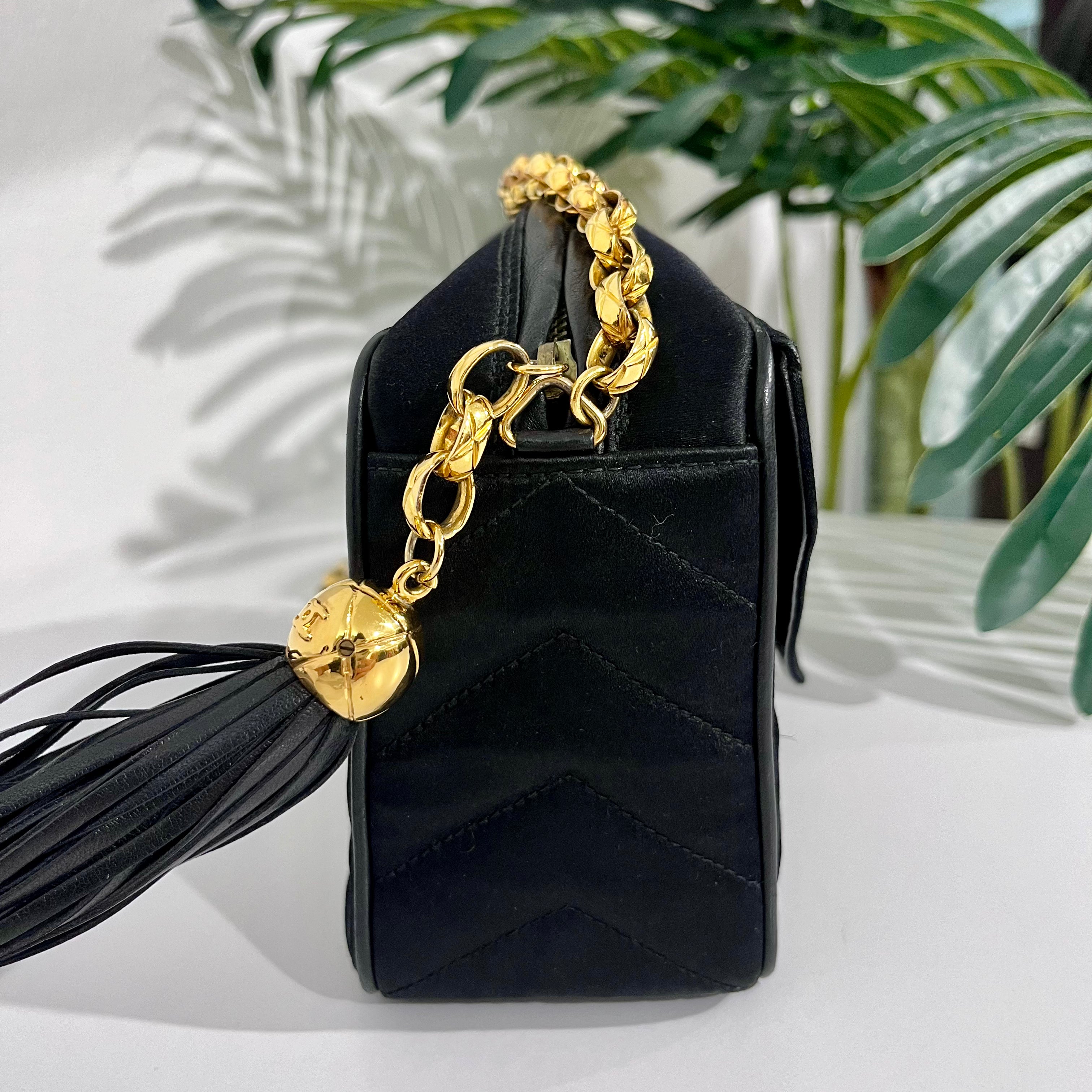 Chanel Vintage Black Satin Chevron Quilted Camera Bag with Box