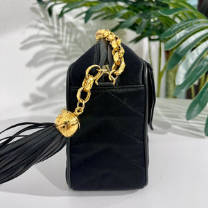 Chanel Vintage Black Satin Chevron Quilted Camera Bag with Box