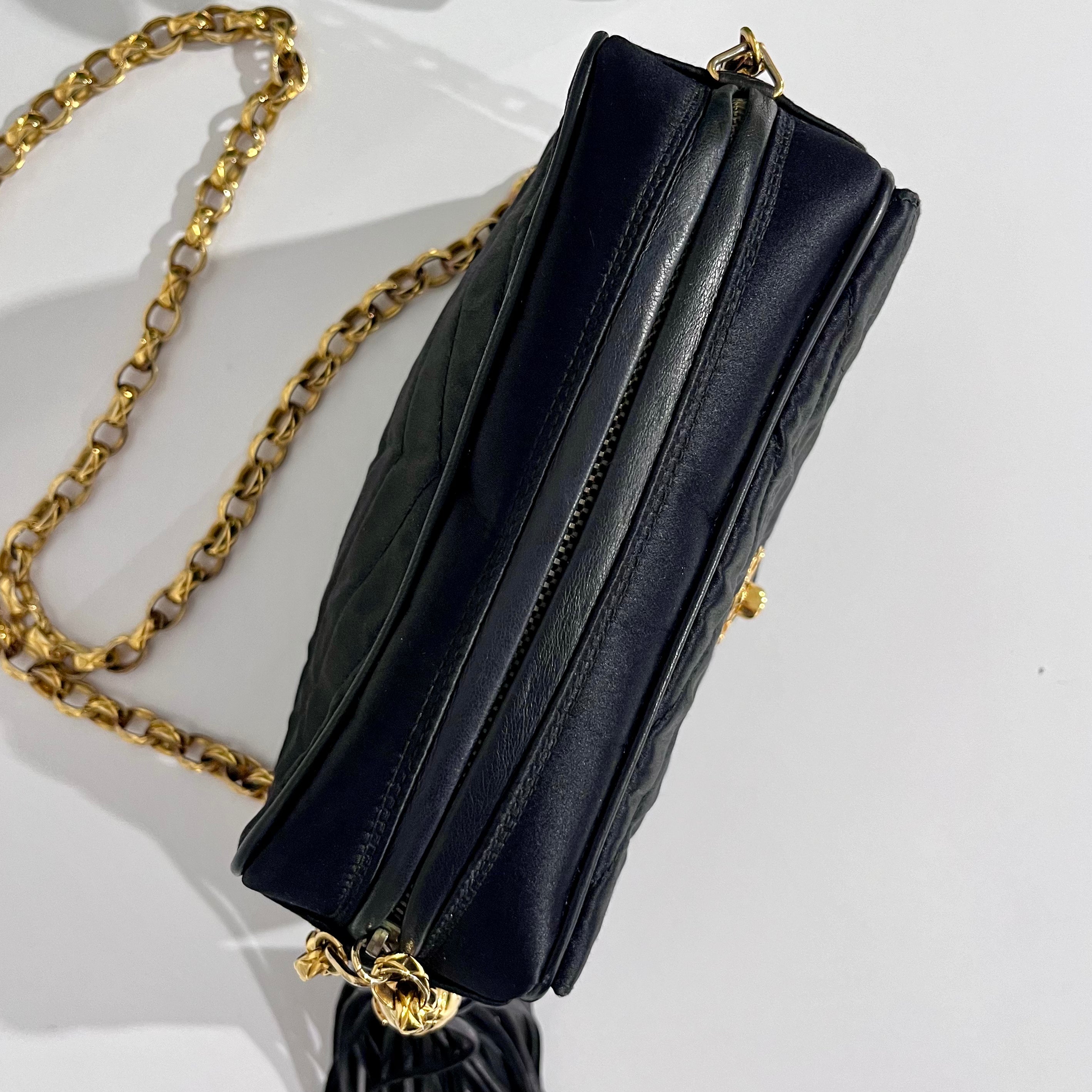 Chanel Vintage Black Satin Chevron Quilted Camera Bag with Box