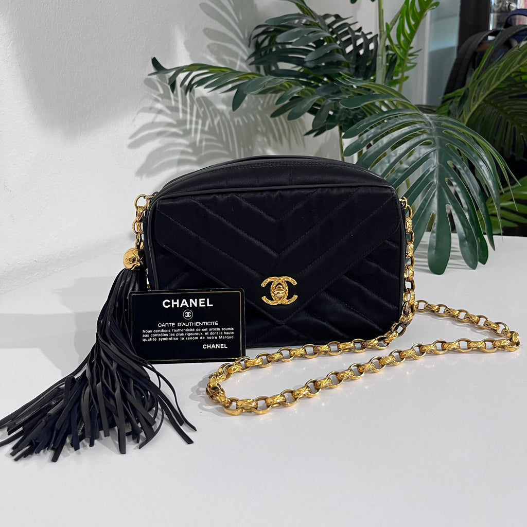 Chanel Vintage Black Satin Chevron Quilted Camera Bag with Box