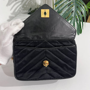 Chanel Vintage Black Satin Chevron Quilted Camera Bag with Box