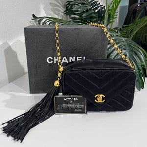 Chanel Vintage Black Satin Chevron Quilted Camera Bag with Box