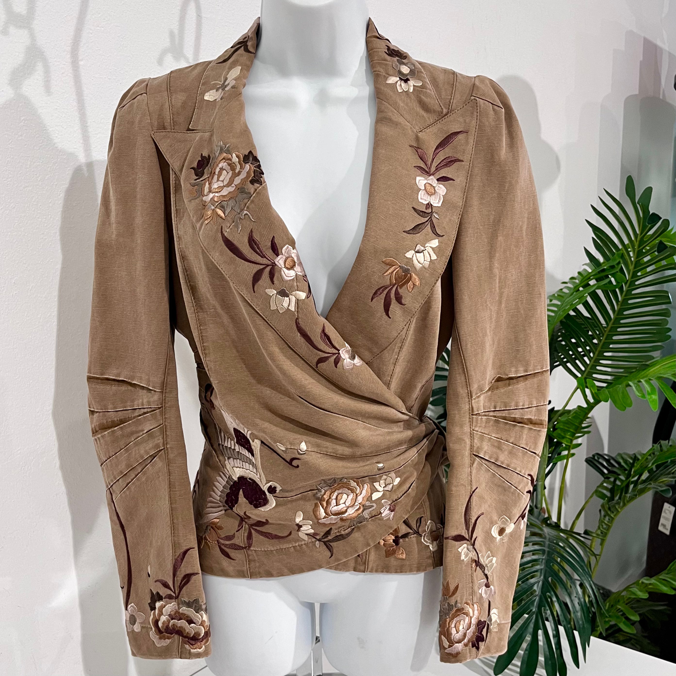 John Galliano Brown & Cream Floral Embroidered Cotton Wrap Jacket