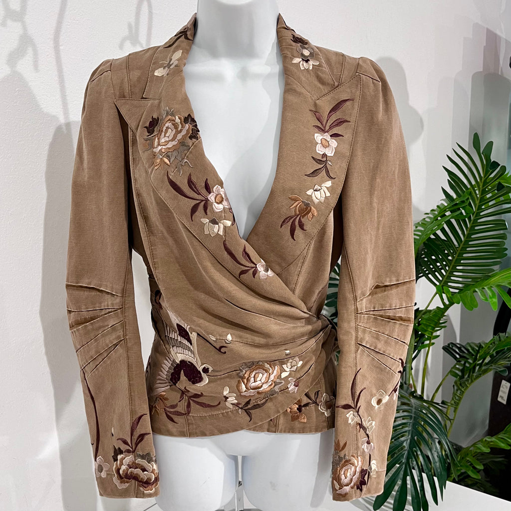 John Galliano Brown & Cream Floral Embroidered Cotton Wrap Jacket
