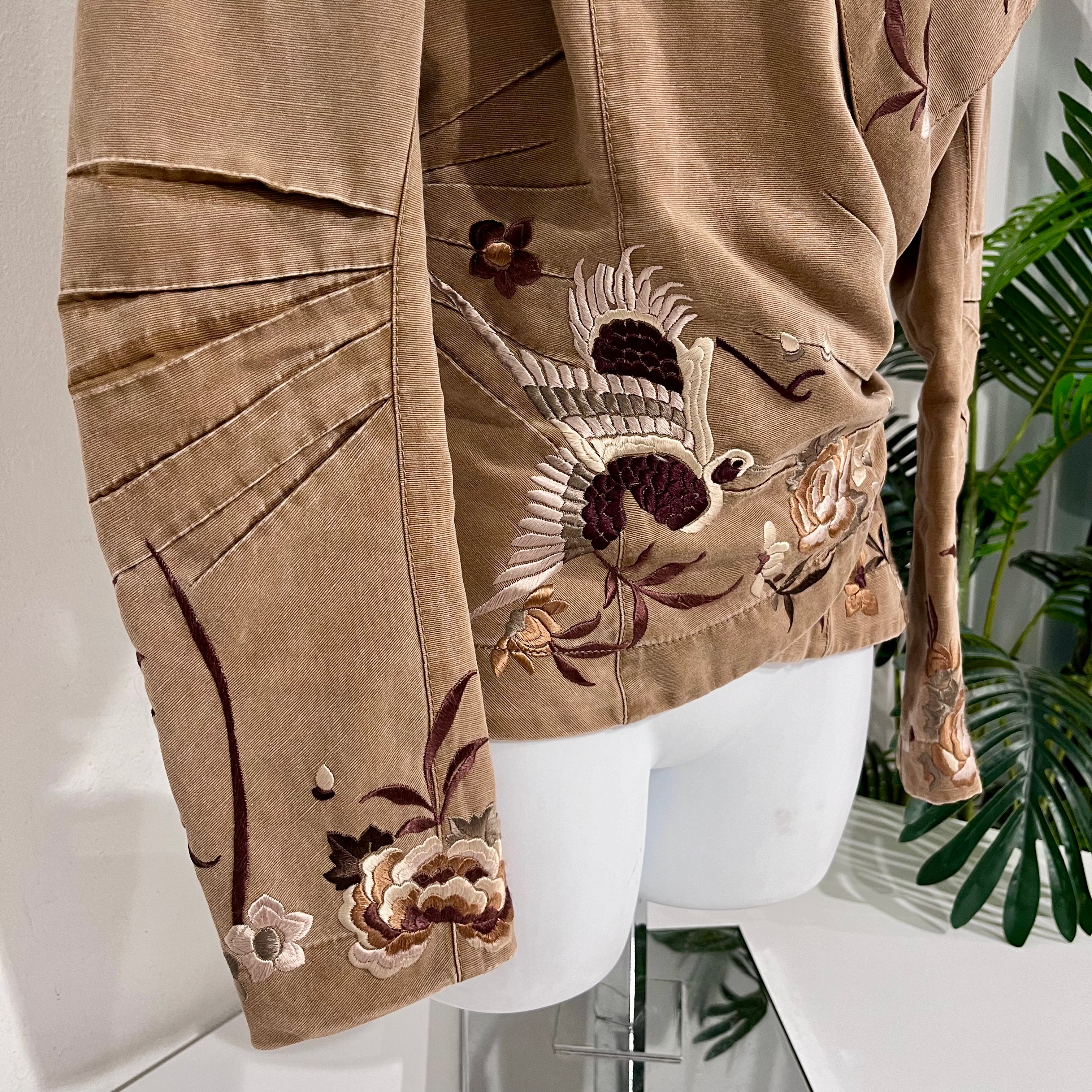 John Galliano Brown & Cream Floral Embroidered Cotton Wrap Jacket