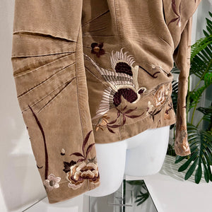 John Galliano Brown & Cream Floral Embroidered Cotton Wrap Jacket