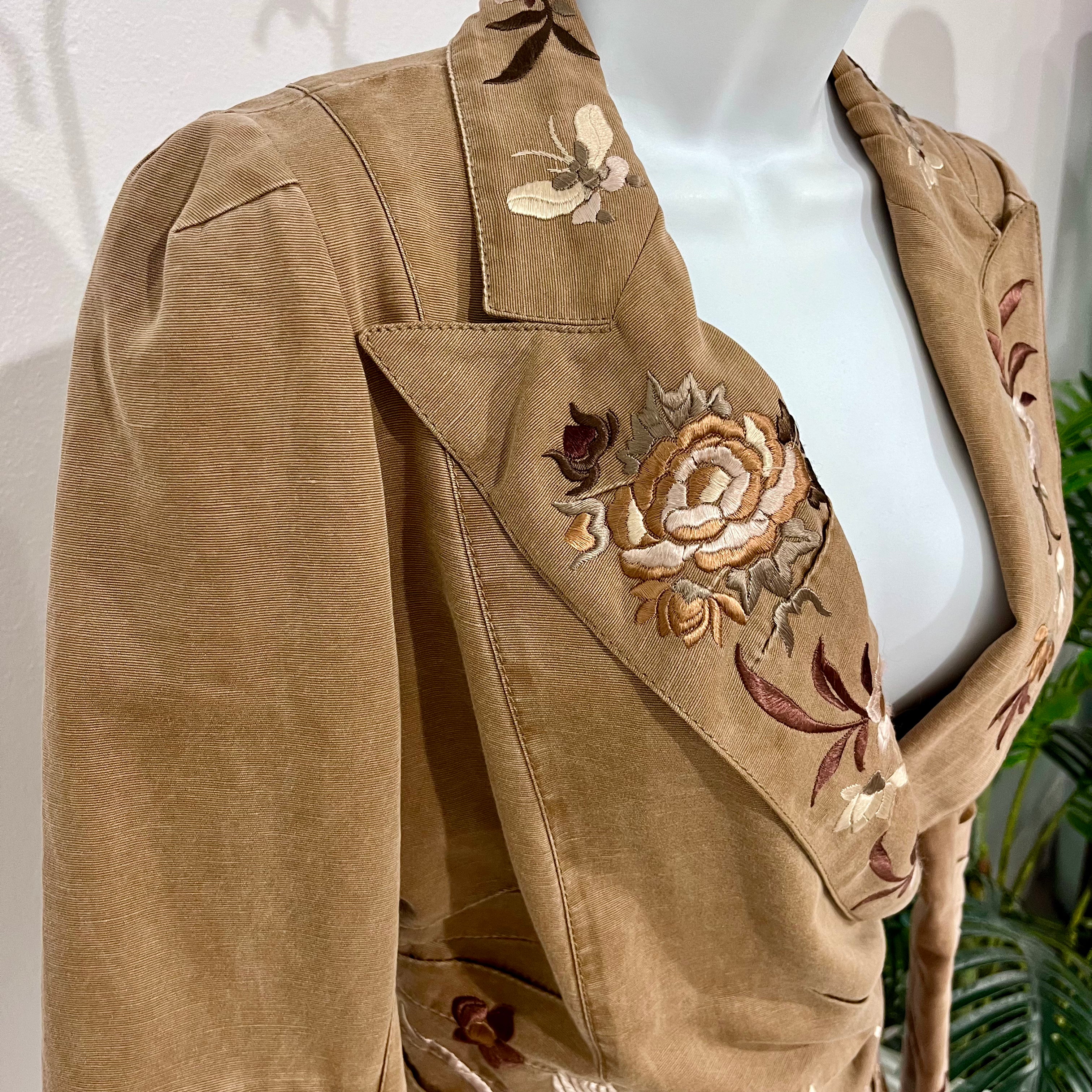 John Galliano Brown & Cream Floral Embroidered Cotton Wrap Jacket