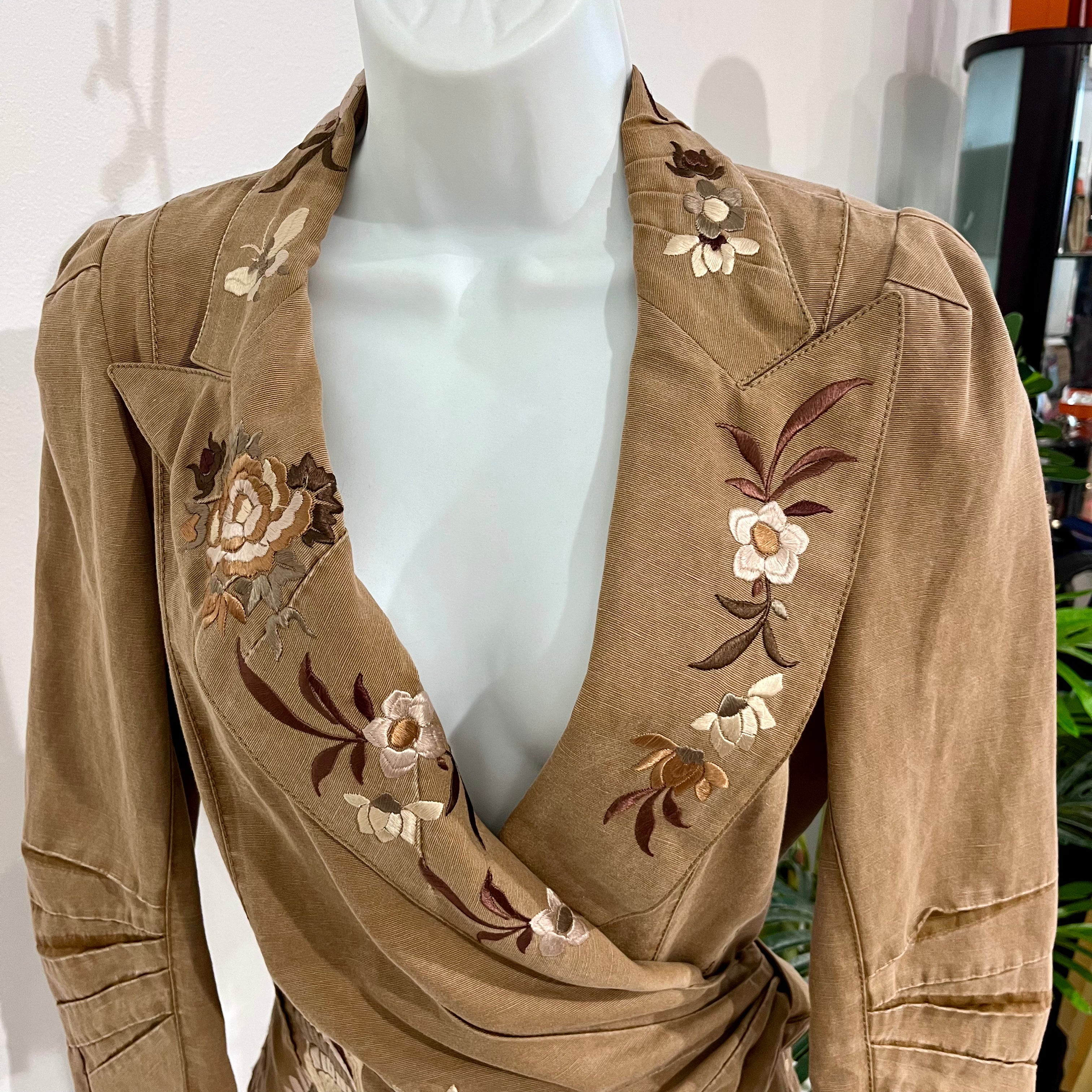 John Galliano Brown & Cream Floral Embroidered Cotton Wrap Jacket