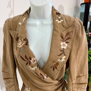 John Galliano Brown & Cream Floral Embroidered Cotton Wrap Jacket