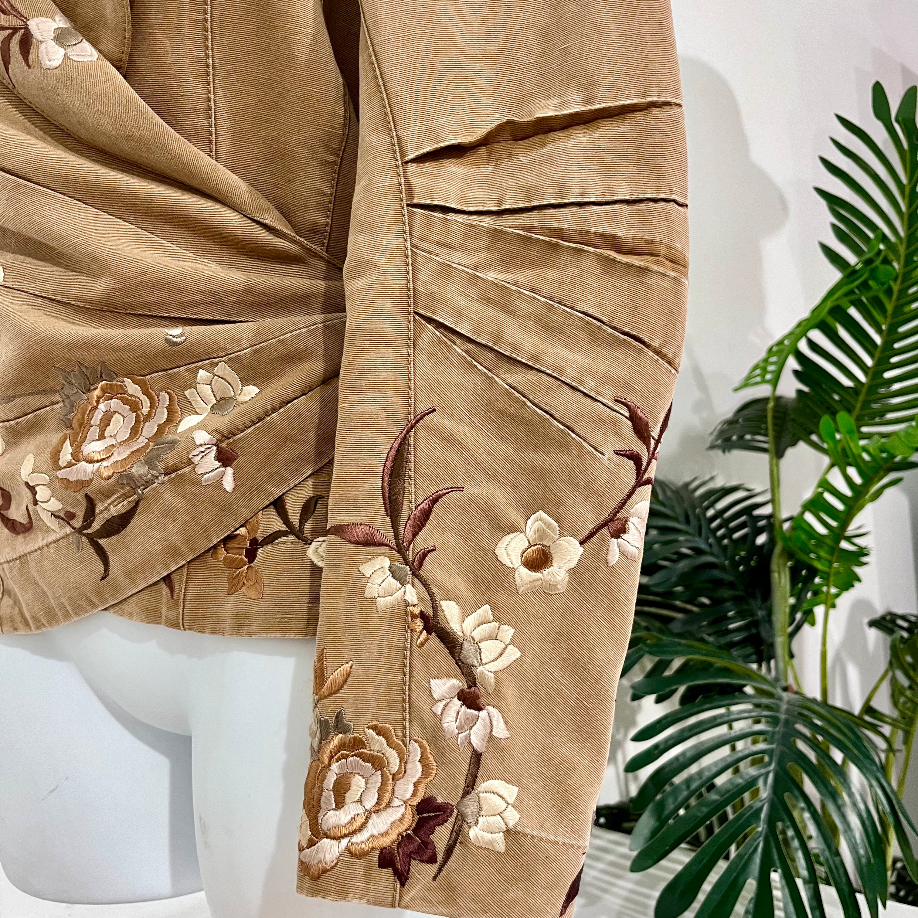 John Galliano Brown & Cream Floral Embroidered Cotton Wrap Jacket