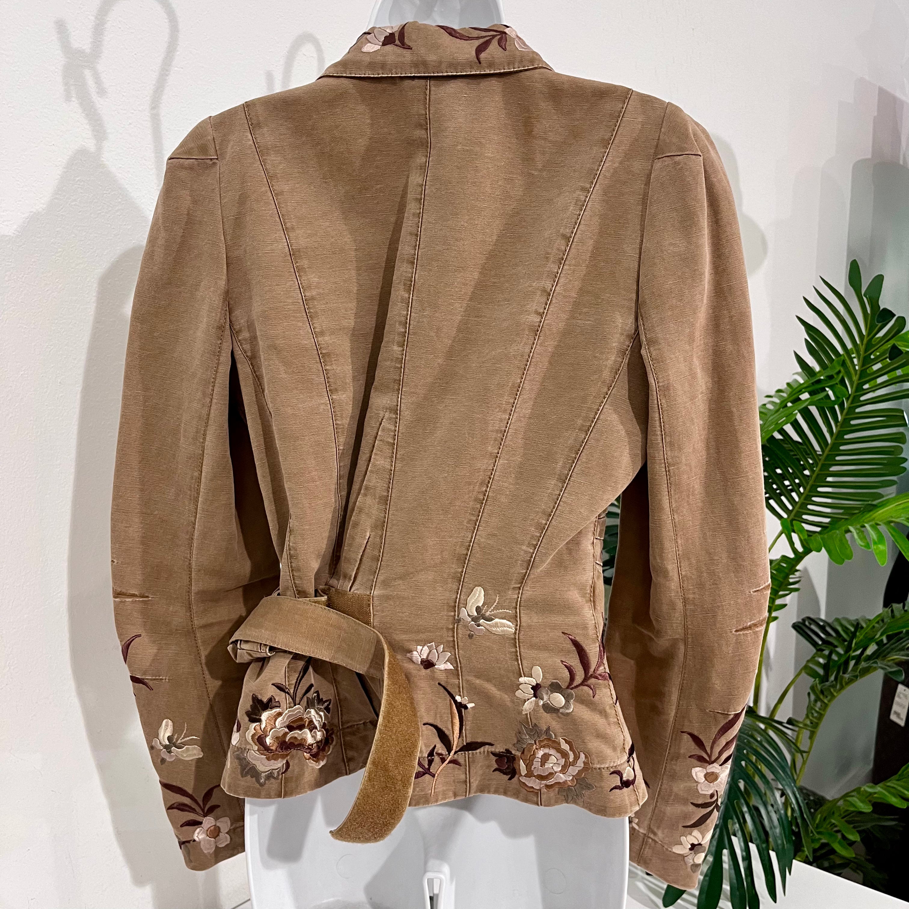 John Galliano Brown & Cream Floral Embroidered Cotton Wrap Jacket