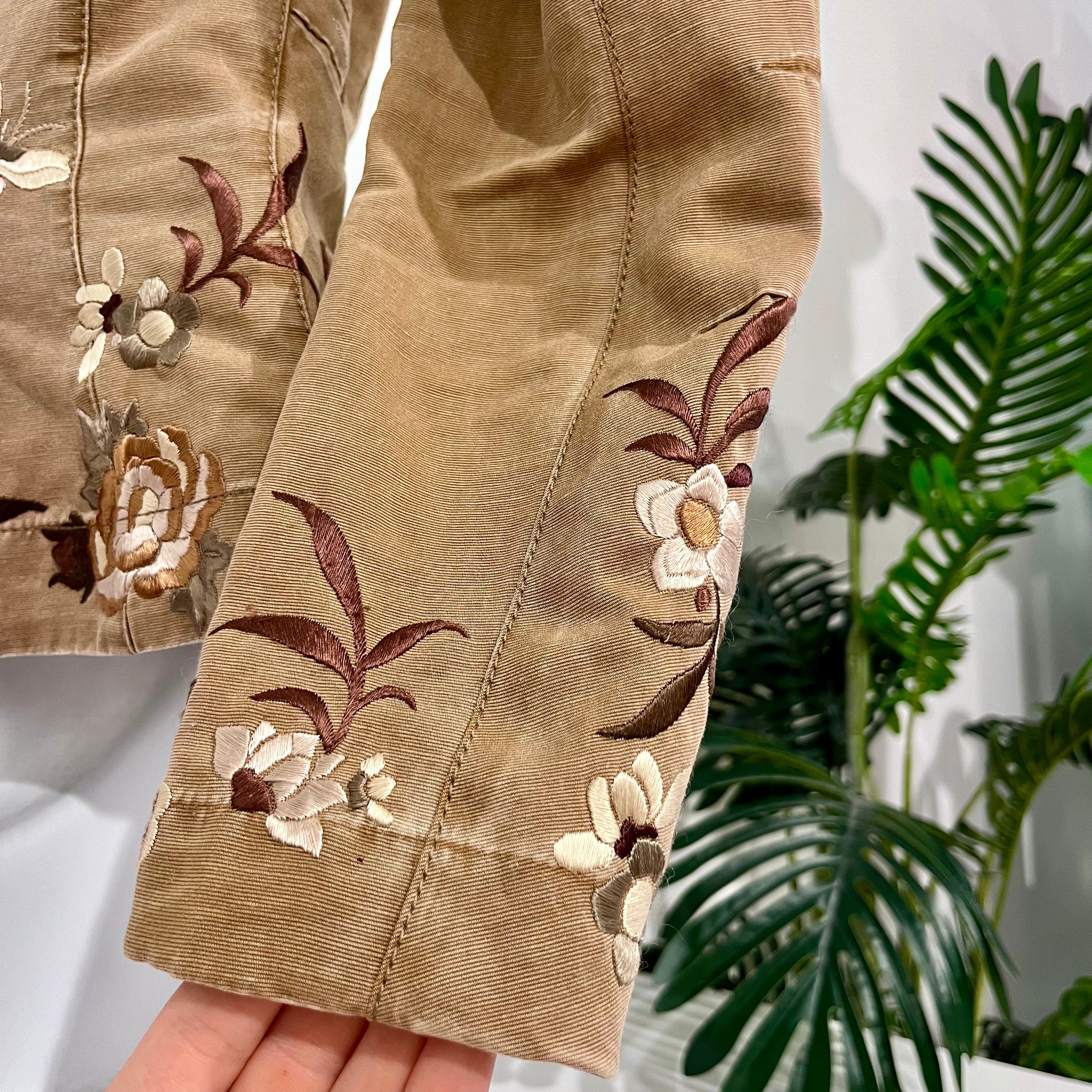 John Galliano Brown & Cream Floral Embroidered Cotton Wrap Jacket