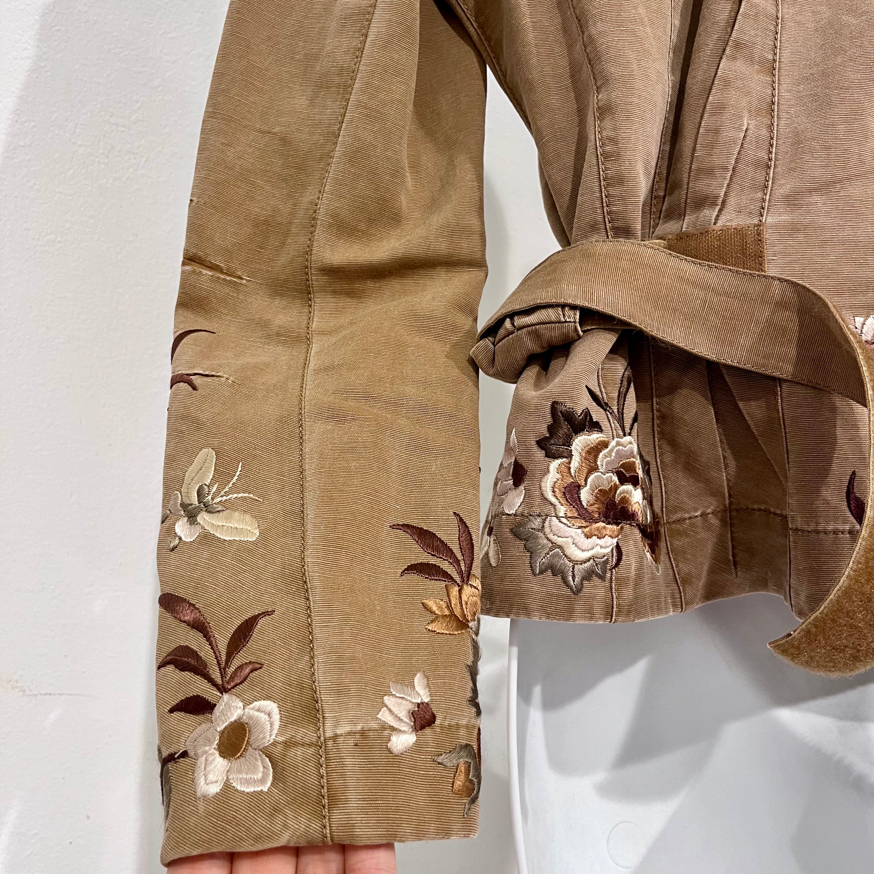 John Galliano Brown & Cream Floral Embroidered Cotton Wrap Jacket