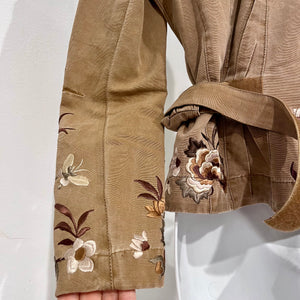 John Galliano Brown & Cream Floral Embroidered Cotton Wrap Jacket