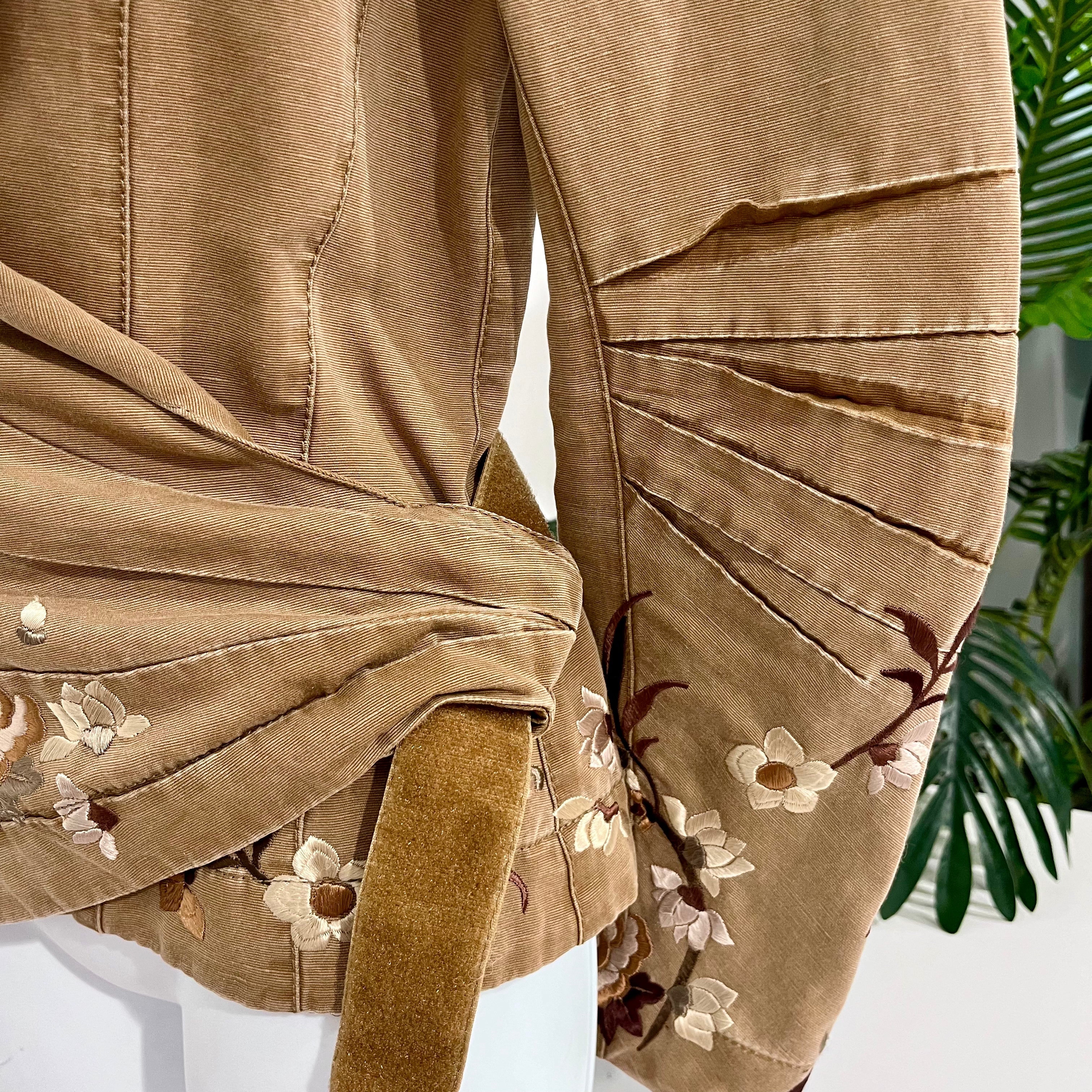 John Galliano Brown & Cream Floral Embroidered Cotton Wrap Jacket