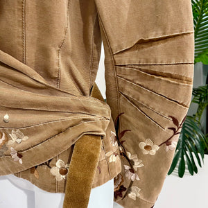 John Galliano Brown & Cream Floral Embroidered Cotton Wrap Jacket