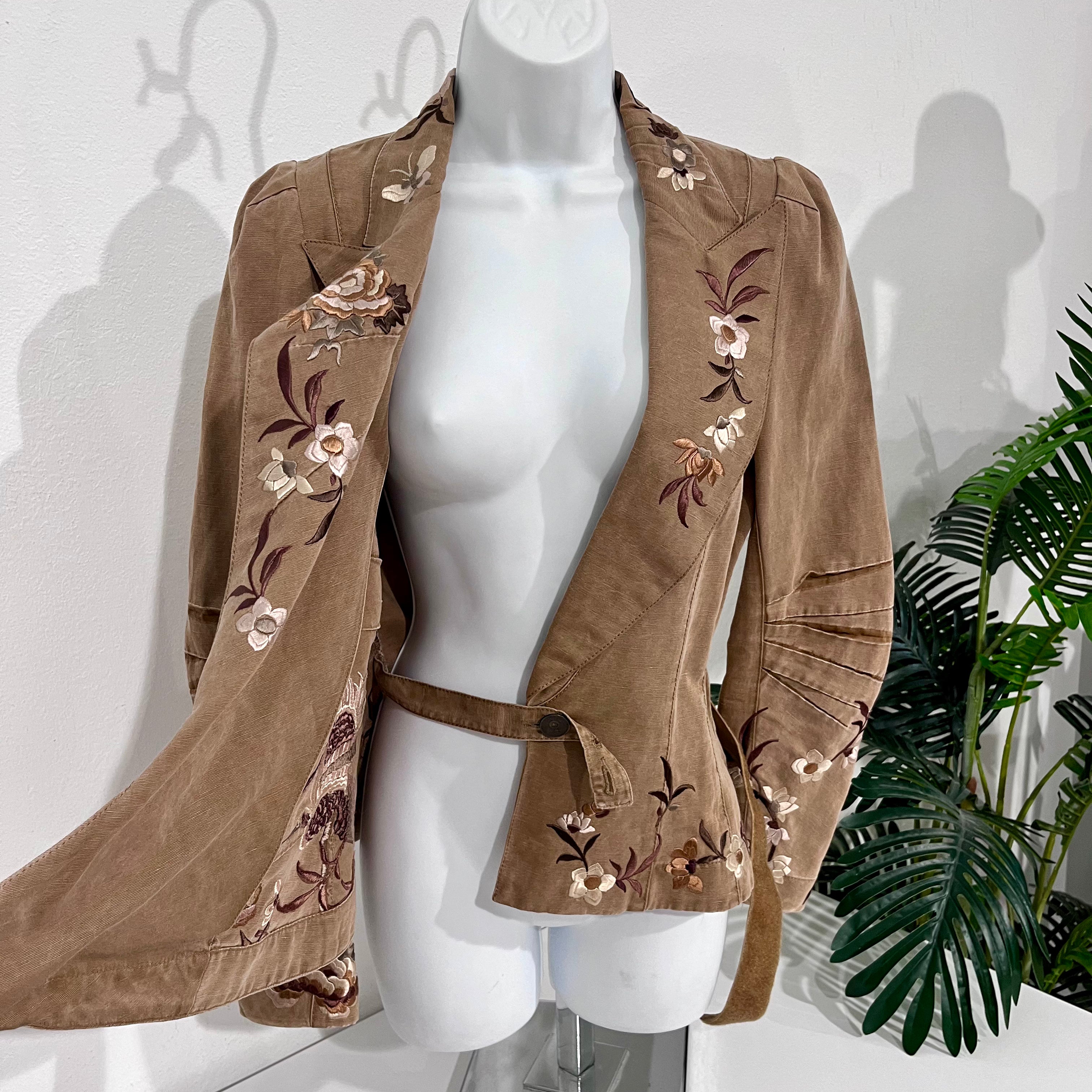 John Galliano Brown & Cream Floral Embroidered Cotton Wrap Jacket