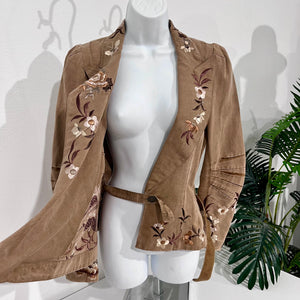 John Galliano Brown & Cream Floral Embroidered Cotton Wrap Jacket