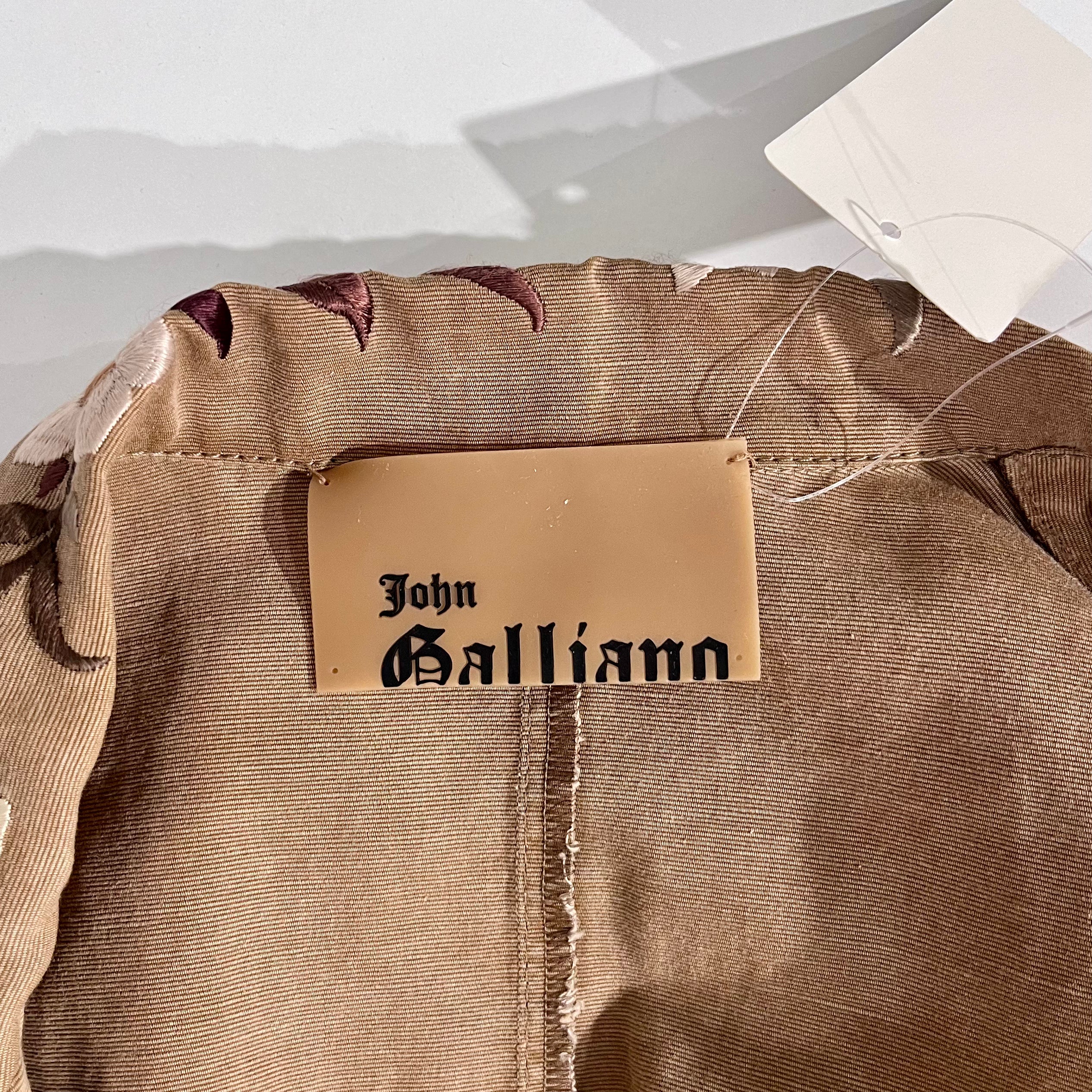 John Galliano Brown & Cream Floral Embroidered Cotton Wrap Jacket
