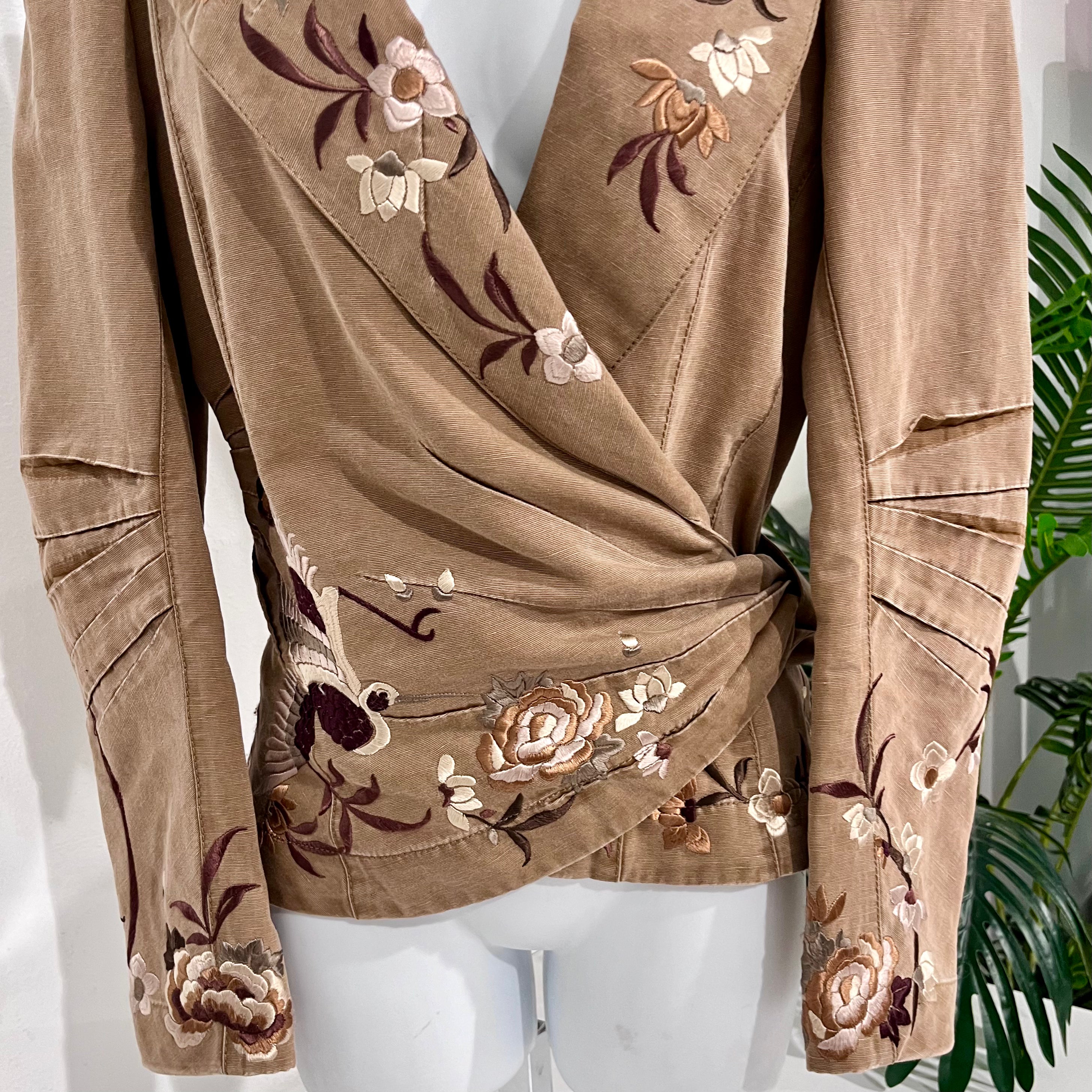 John Galliano Brown & Cream Floral Embroidered Cotton Wrap Jacket