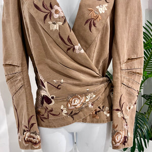 John Galliano Brown & Cream Floral Embroidered Cotton Wrap Jacket
