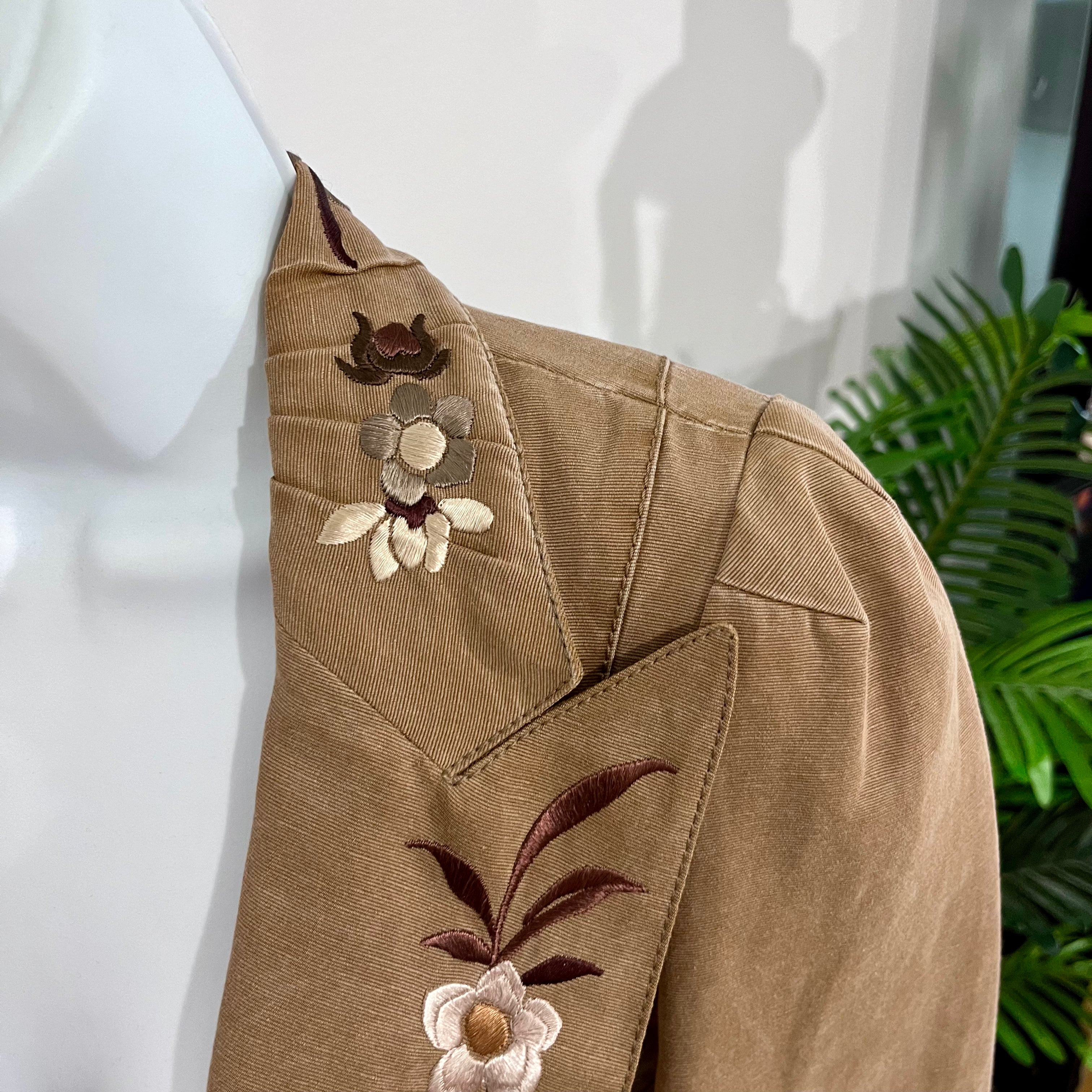 John Galliano Brown & Cream Floral Embroidered Cotton Wrap Jacket