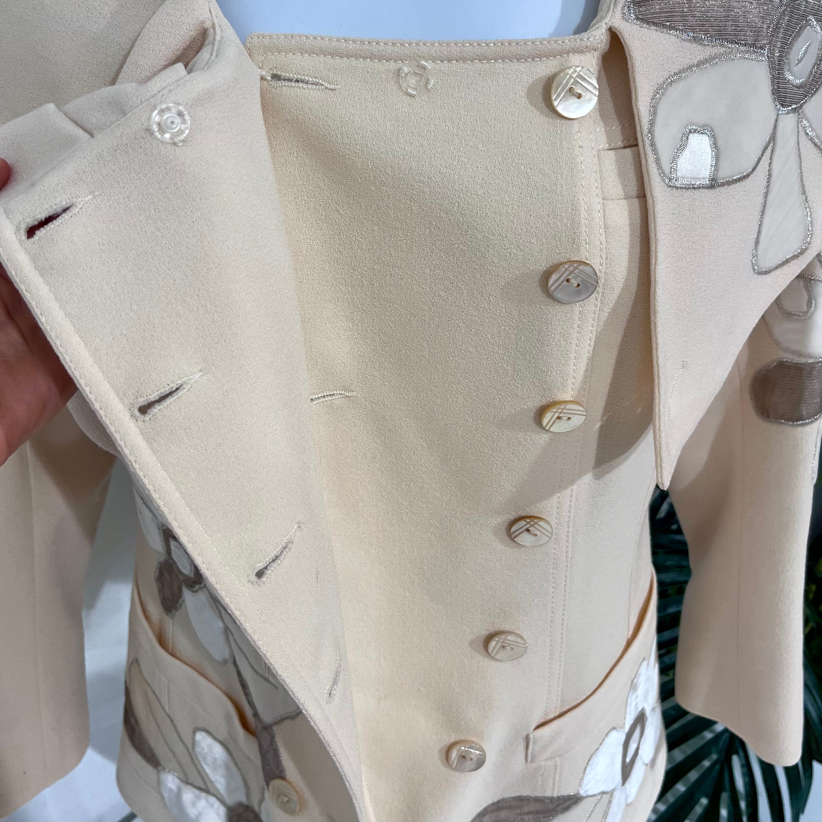 John Galliano Cream Wool Classic Jacket with Floral Embroidered Appliqués