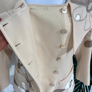 John Galliano Cream Wool Classic Jacket with Floral Embroidered Appliqués