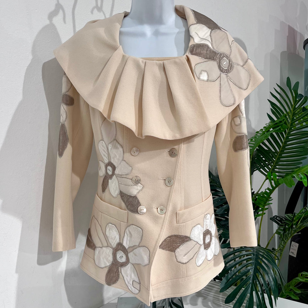John Galliano Cream Wool Classic Jacket with Floral Embroidered Appliqués