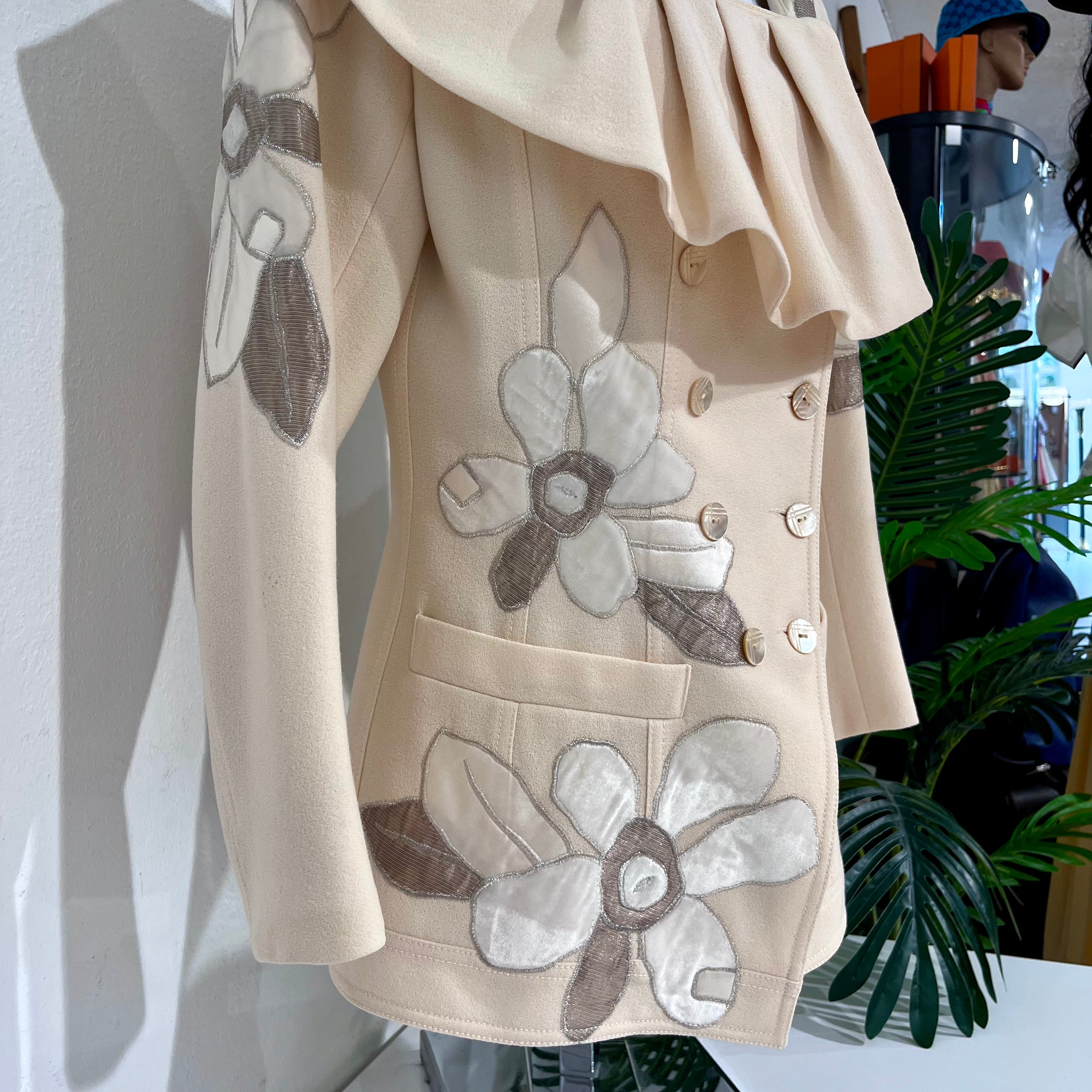 John Galliano Cream Wool Classic Jacket with Floral Embroidered Appliqués