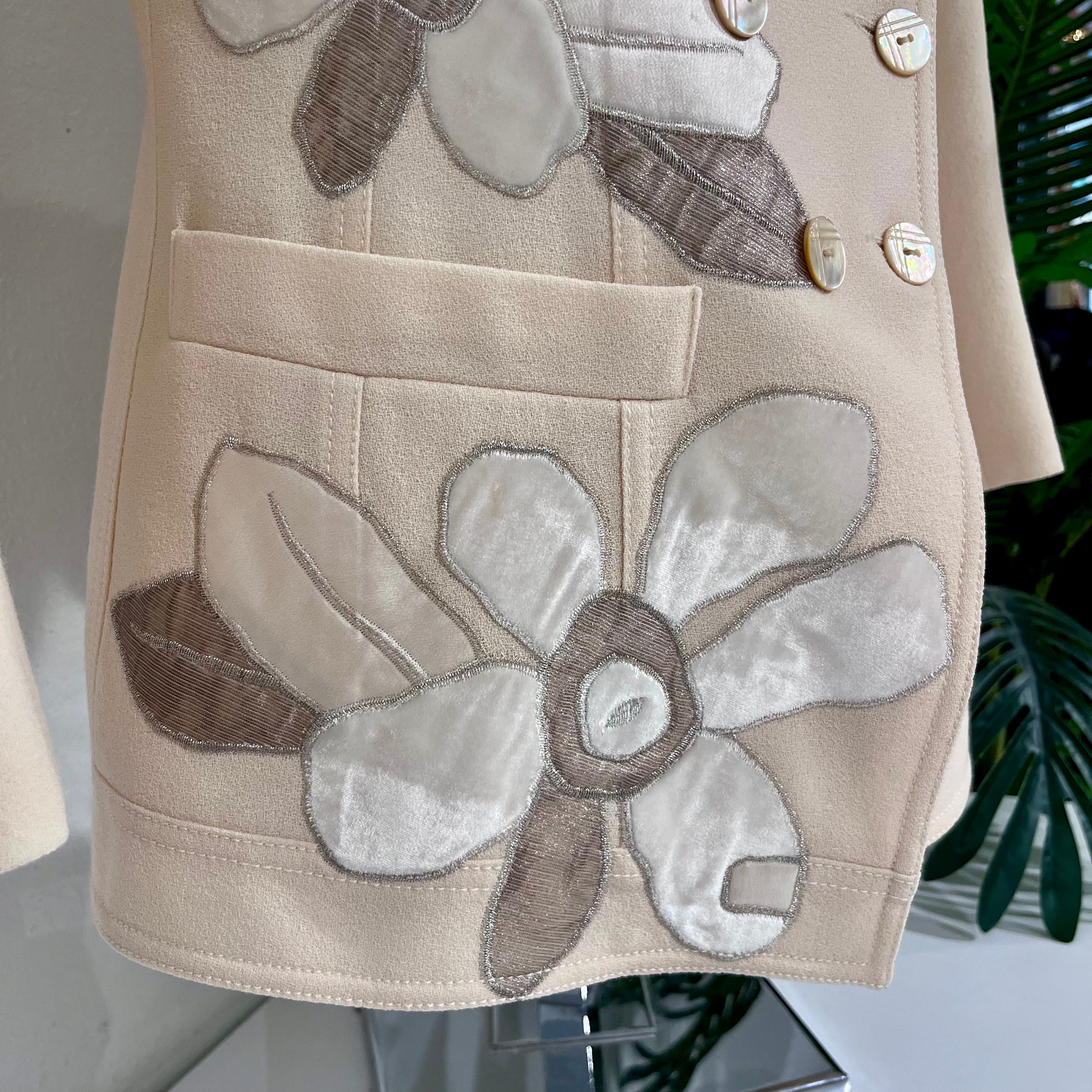 John Galliano Cream Wool Classic Jacket with Floral Embroidered Appliqués