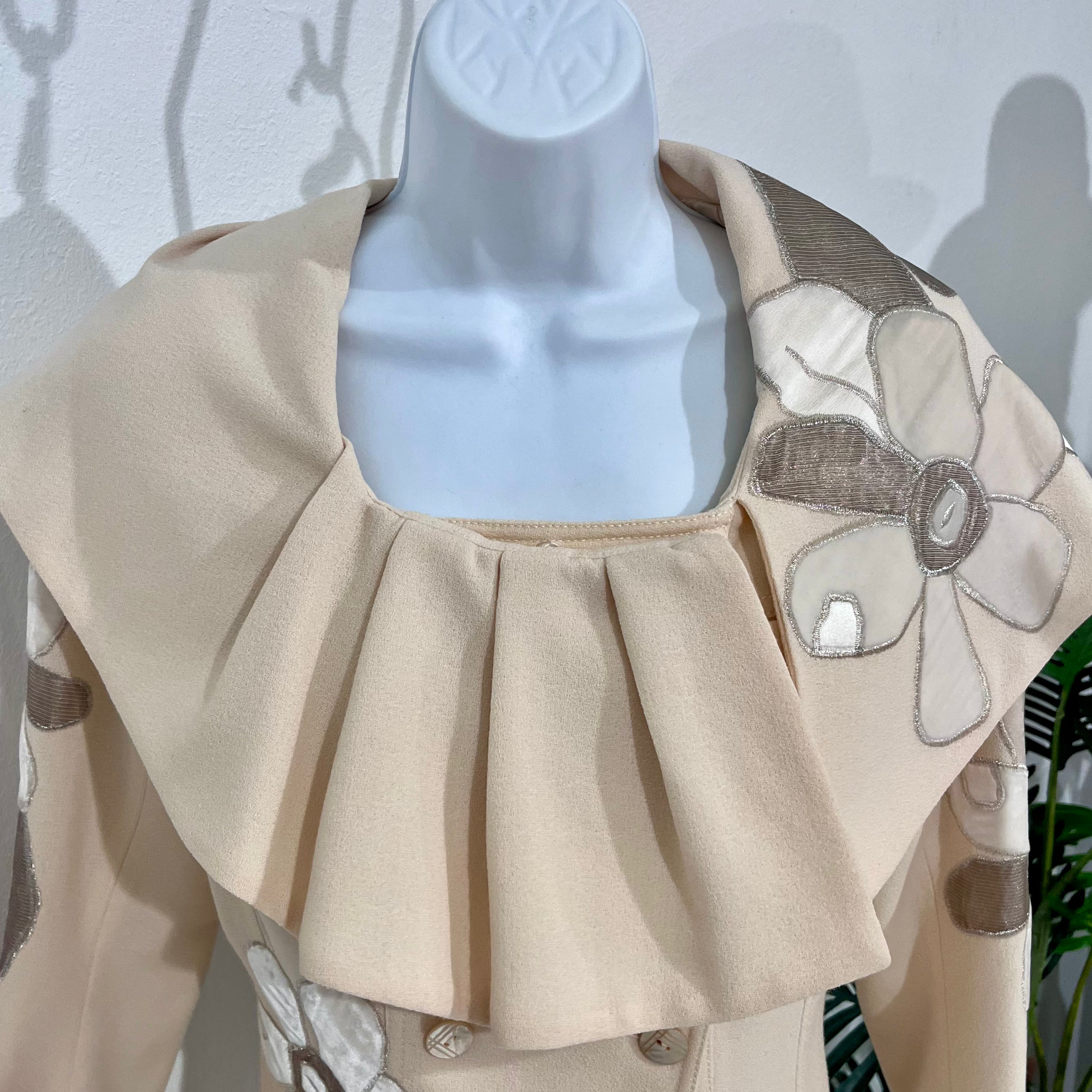John Galliano Cream Wool Classic Jacket with Floral Embroidered Appliqués